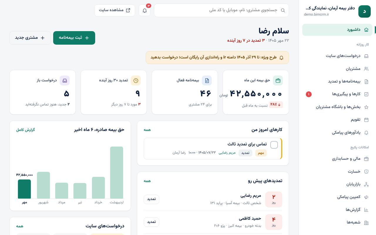 پنل مدیریت دفتر بیمه با تمدیدهای پیش‌رو و کارهای امروز